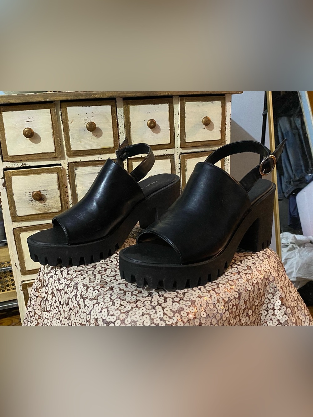 Madden Girl Black Chunky Platform Slingback Sandals